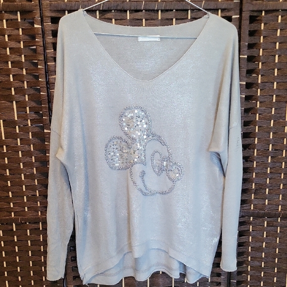 Gray V-Neck Sweater with Embellished Design - Picture 1 of 8